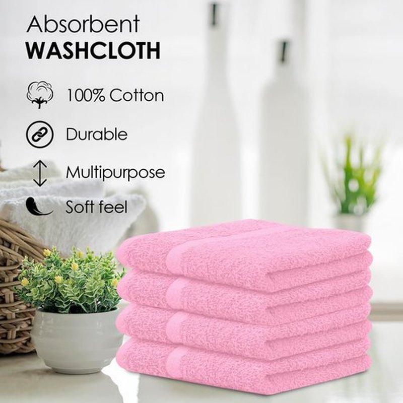 Avalon Towels Cotton Washcloths – (Pack of 24) Size 12x12 Inches, 100% Ring Spun Cotton, Soft & Absorbent Face Towels, Gym Towels, Hotel and Spa Quality, Reusable Fingertip Towels (Pink)