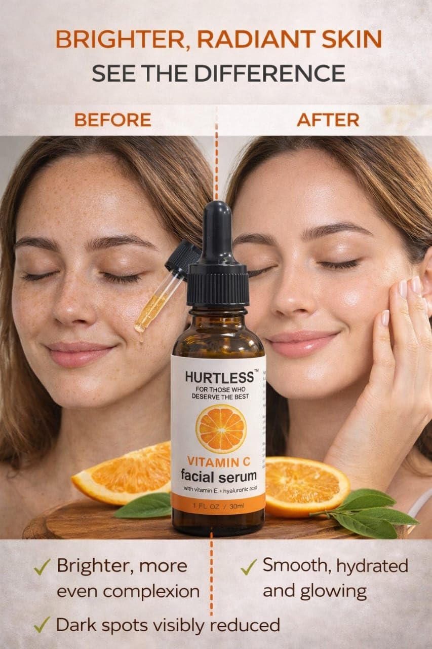 HURTLESS Vitamin C Face Serum with Hyaluronic Acid, Brightening Serum for Dark Spots, Dull Skin, Hydrating, Fragrance Free, Fast Absorbing, Cruelty-Free Skin Serums for Dry Skin- 30 ml / 1.01 fl oz