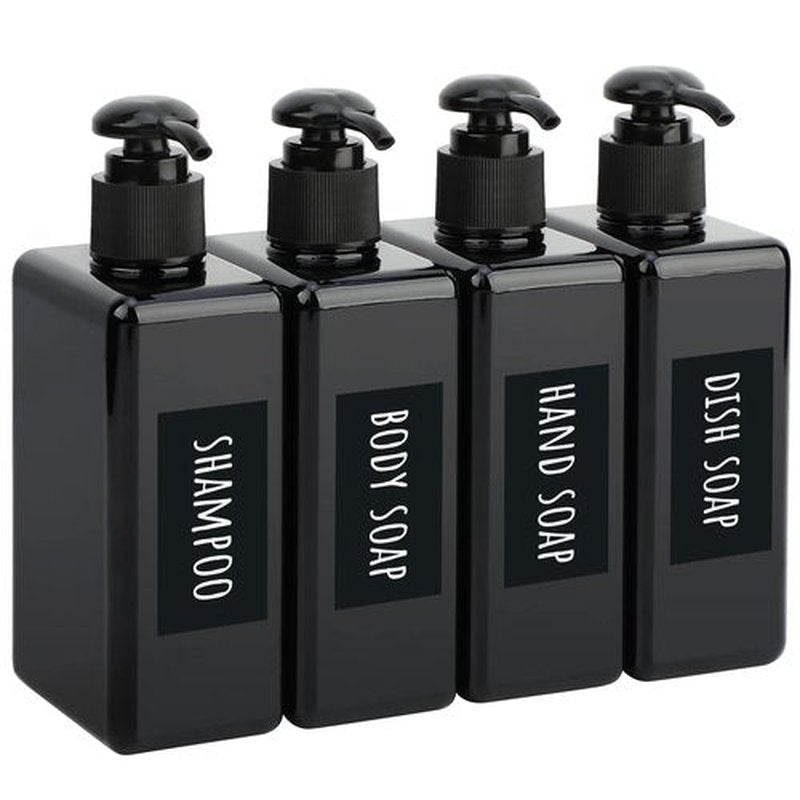 Segbeauty Shampoo Conditioner Dispenser Small, 4 Pack 9.5oz Plastic Square Pump Bottles with Labels, 280ml Refillable Bathroom Soap Dispenser Empty Lotion Liquid Container Travel Cosmetic Bottle Black