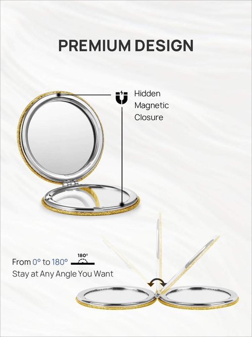 OMIRO 1X/10X(300R) Magnifying Compact Mirror with PU Leather, Ultra-Portable for Purses and Travel, Round Gold