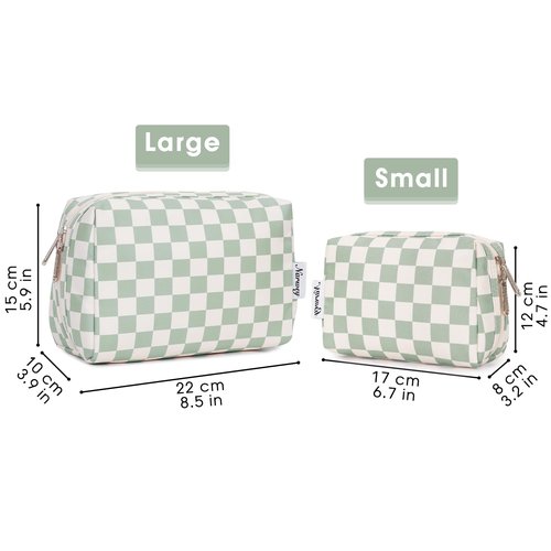 Narwey Large Checkered Makeup Bag Zipper Pouch Travel Cosmetic Bag Organizer for Women (Large, Mint Green Checkerboard)