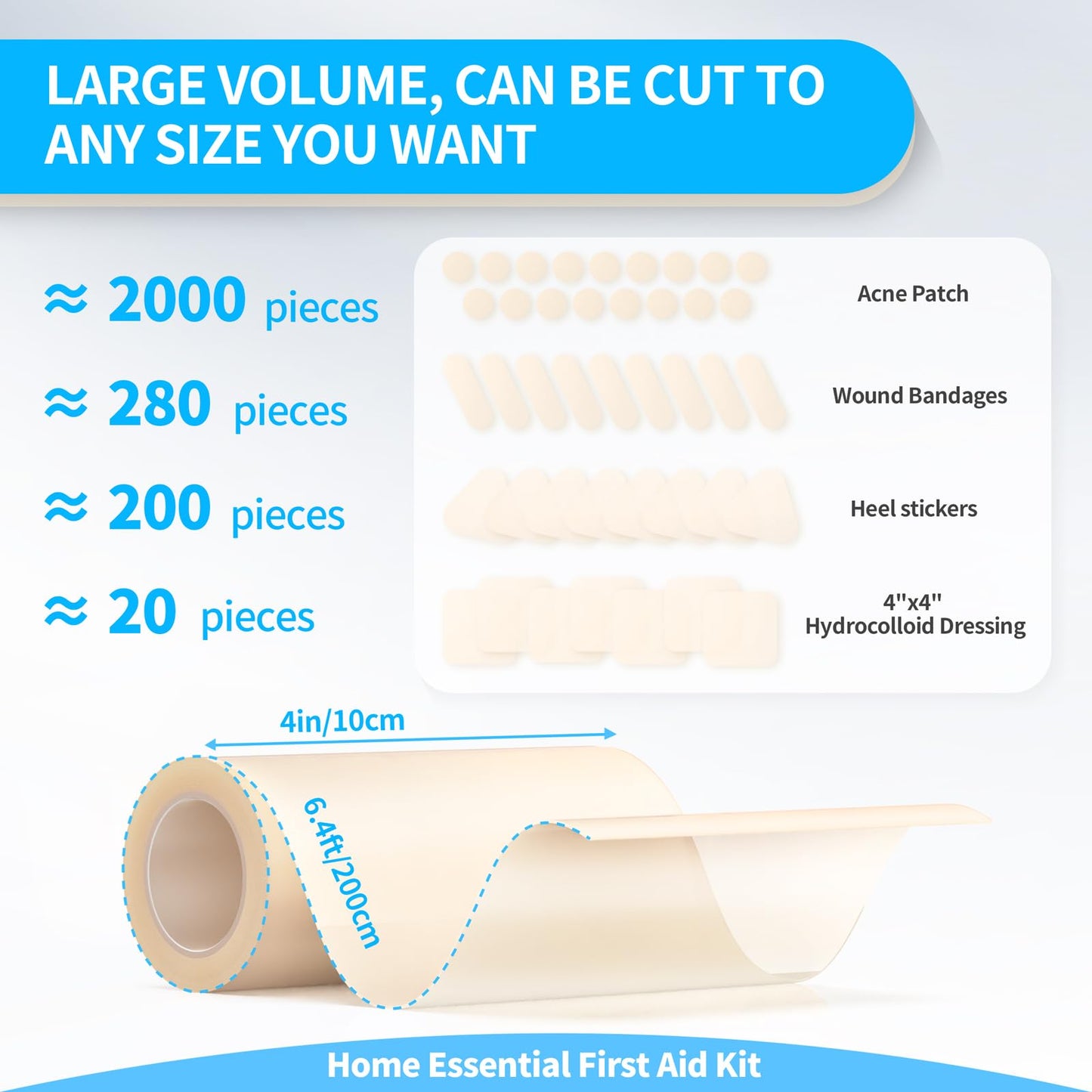 Hydrocolloid Bandages Roll 4" x 80",Hydrocolloid Roll for Wound Care,20 Pcs Ultra Thin 4" x 4" Large Patch Bandages with Self-Adhesive(Cut-to-Size),Hydrocolloid Wound Dressing,Sterile and Waterproof