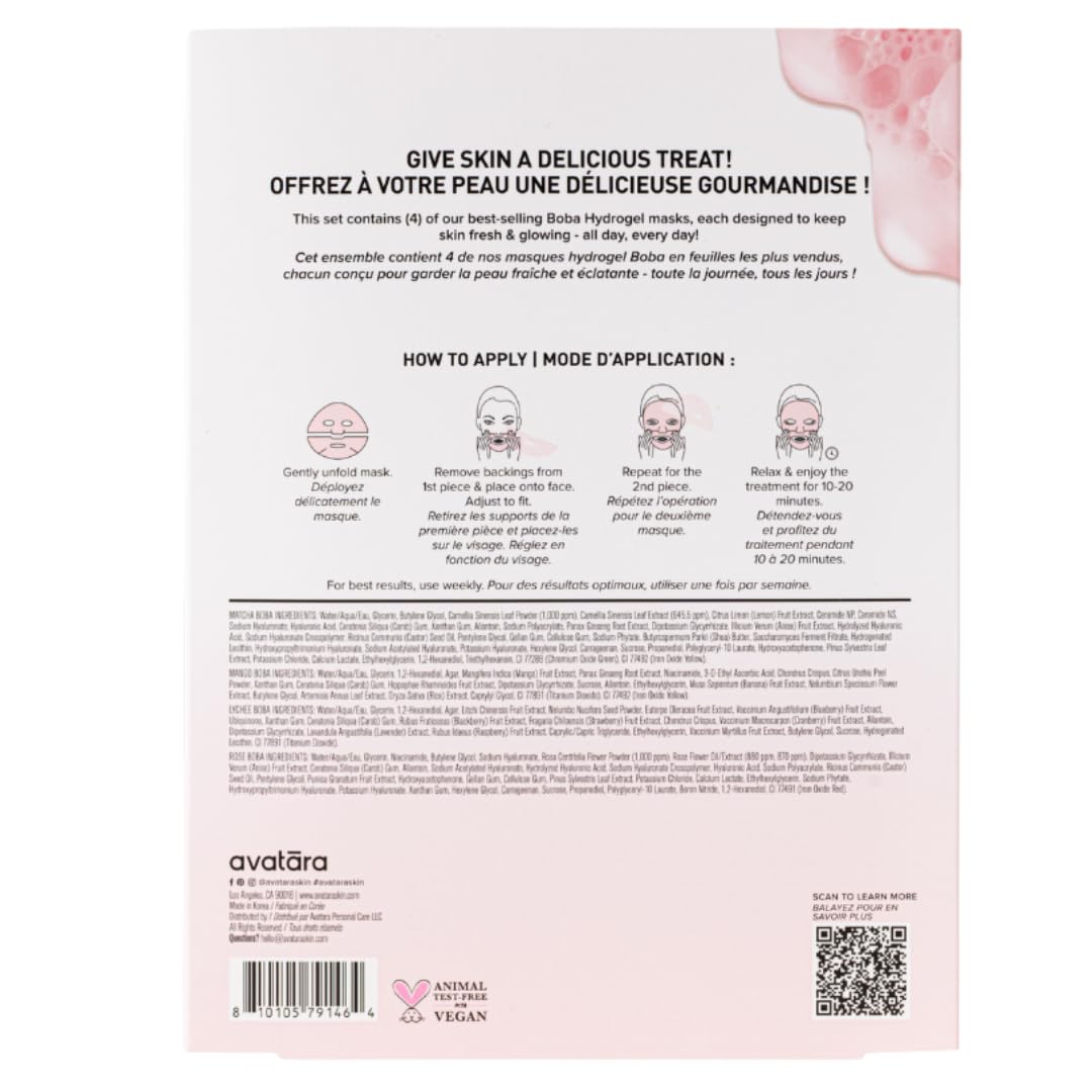 Avatara Boba Goals Hydrogel Sheet Mask Variety 4-Pack - Rose, Matcha, Mango, and Lychee Boba Flavors - Hydrating K-Beauty Face Masks for Tweens and Teens - Vegan, Synthetic Fragrance-Free