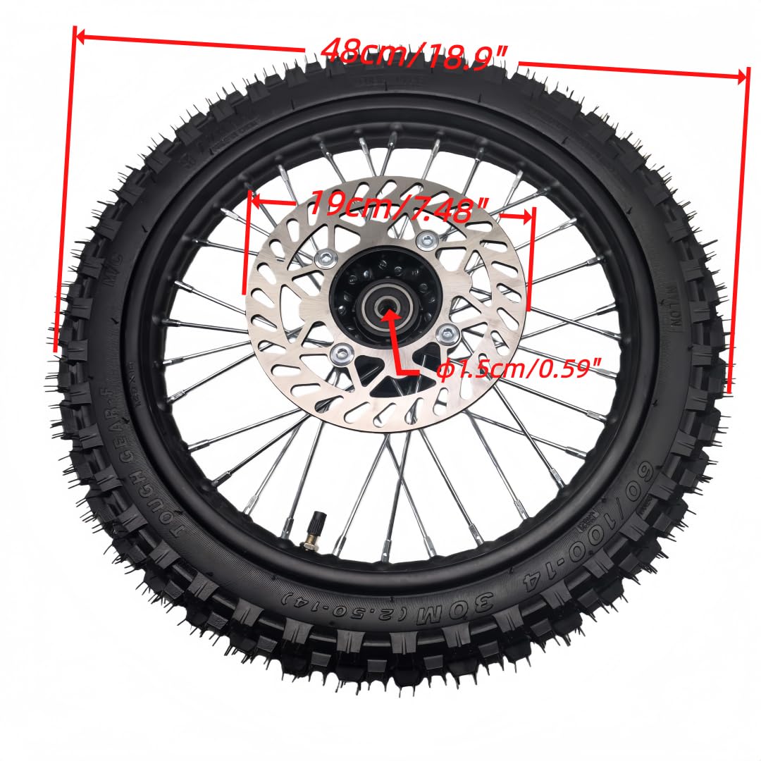 aohuang 14" Front Wheel Rim Tire Assembly for 110cc 125cc Dirt Bike tao TTR SSR CRF Apollo 15mm Axle Includes 190mm Steel Brake disc 60/100-14 Tire Tube