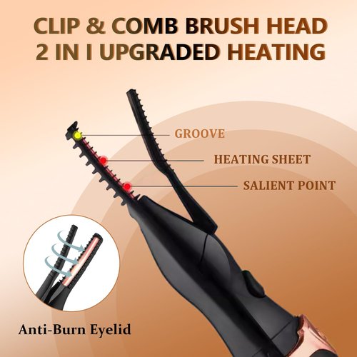 Heated Eyelash Curler - Fast Heat up in 8s - 3 Heat Modes with USB Rechargeable - Electric Eyelash Curler - Natural Curling 24 Hours Long Lasting - Anti-Burn Eyelid, Brown Black