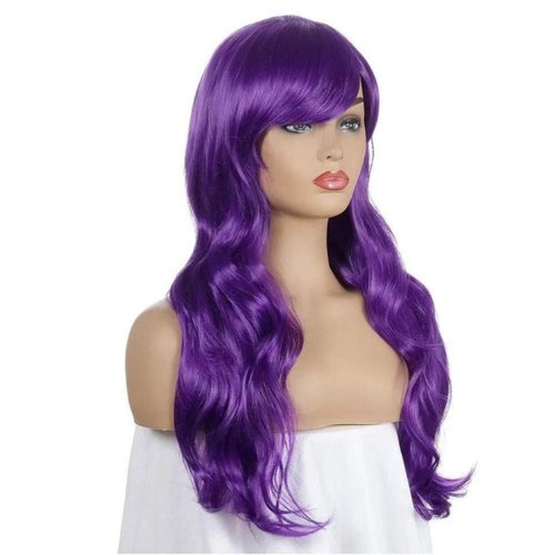 Wigs for Women Girls Long Wavy Heat Resistant Fiber Wigs Side Bangs Cosplay Party, Women's Wigs with Bangs Long Fluffy Curly Wavy (Purple)