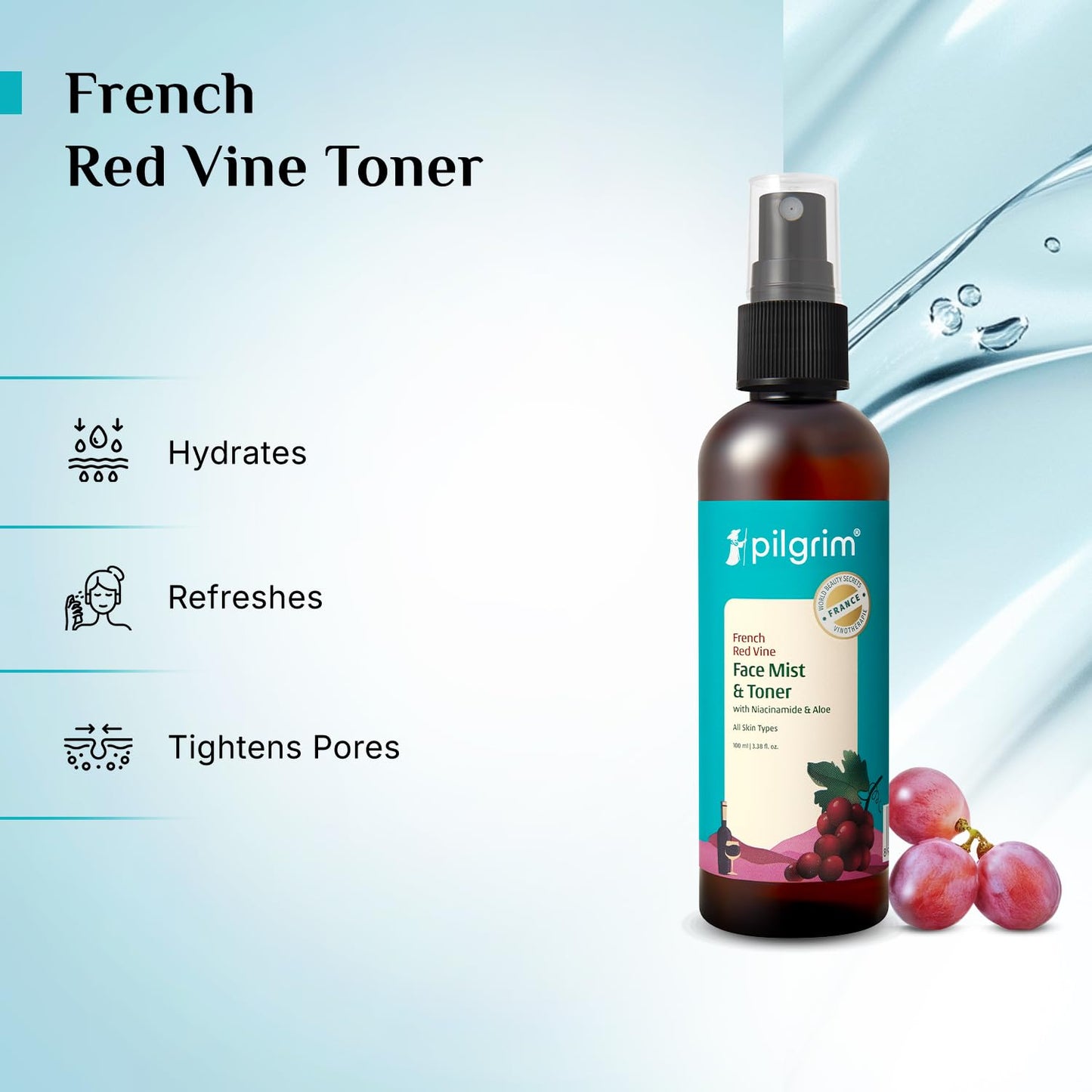 Pilgrim French Red Vine Face Mist & Toner with Niacinamide & Aloe | Hydrating Facial Spray for Oil Balance, Pore Care, Refreshing Glow | Alcohol-Free | 3.38 Fl Oz (100ml)