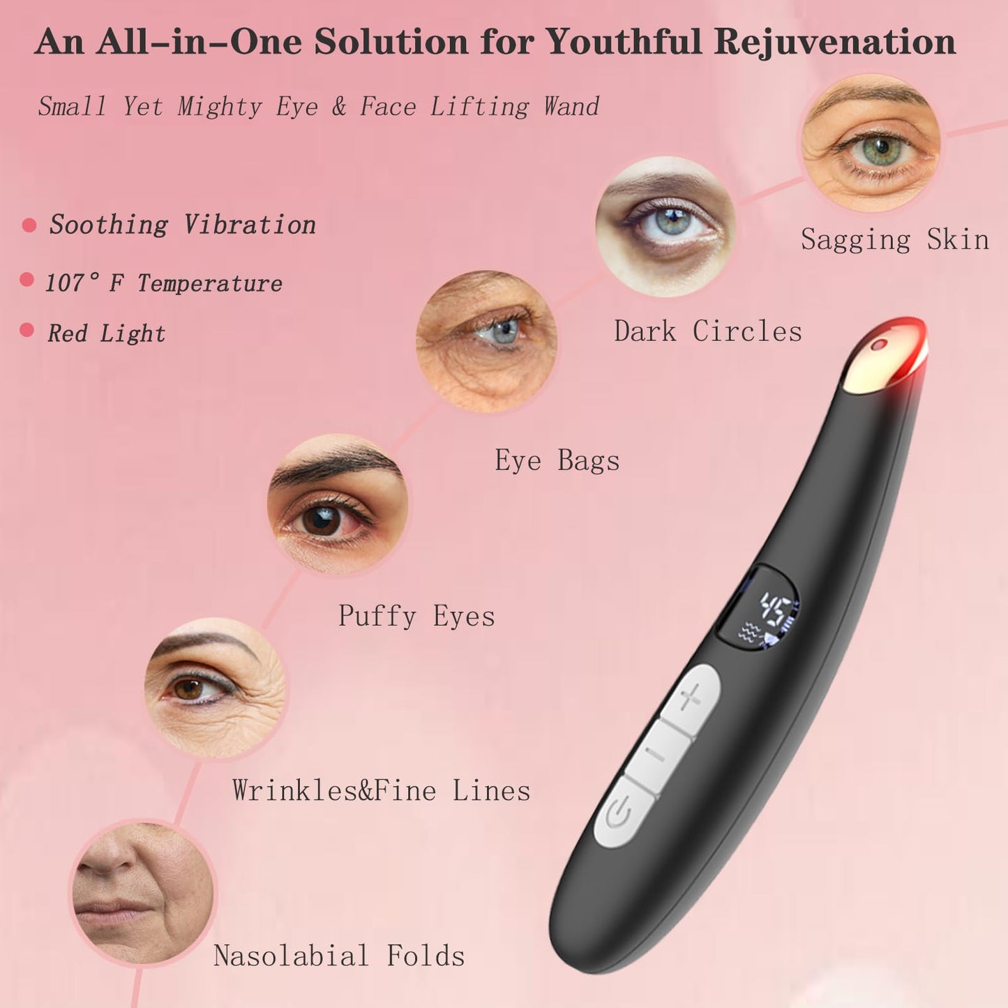 Vowleike Eye Lift Wand, 3 in 1 Vibrating 98°F to 113°F LCD Eye Massager for Dry Eyes, Dark Circles and Puffiness, Face & Neck Lifting Tool for Fine Lines and Wrinkles, Black