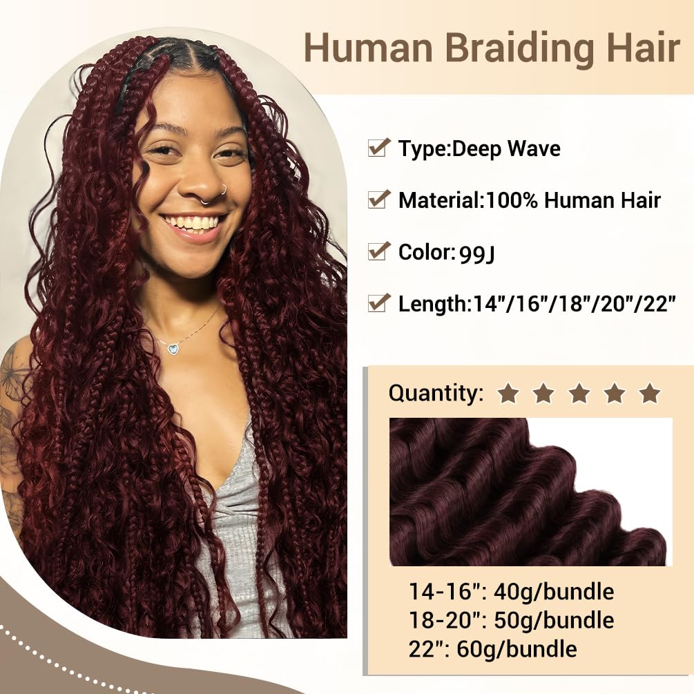 Human Braiding Hair for Boho Knotless Braids 1 Bundle 14 Inches 40g Deep Wave Bulk Human Hair for Braiding Hair Wet and Wavy 10A Brazilian Virgin Human Bohemian Hair for Braiding 99J