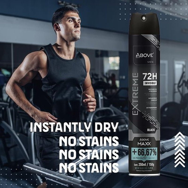 ABOVE Mens Deodorant Antiperspirant, 72 Hours (Extreme Men Black MAXX) -Protects Against Sweat & Body Odor - Dry, No Stain & Moisturizing Instant Freshness - Deodorant Spray, Alcohol Free - 5.29 oz