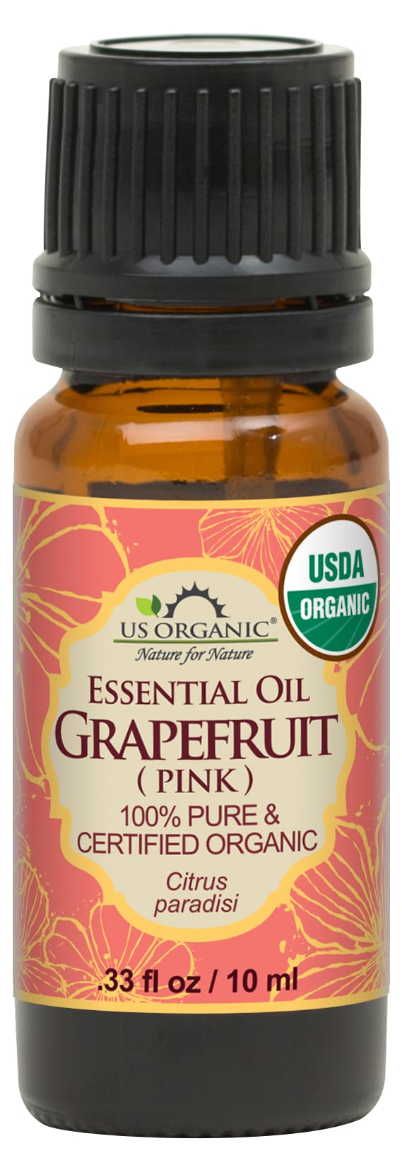 US Organic Grapefruit Pink Essential Oil, USDA Certified Organic, Cold Pressed, 100% Pure, for Face, Hair, Skin, Aromatherapy, and More (10 ml)