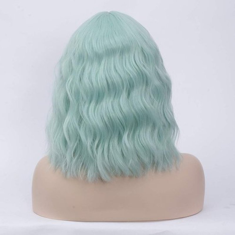 BUFASHION 14" Women Short Wavy Curly Wig Mint Green Bob Wig Cosplay Halloween Synthetic Wigs Wigs With Neat Bang Wig With Free Wig Cap (Mint Green)