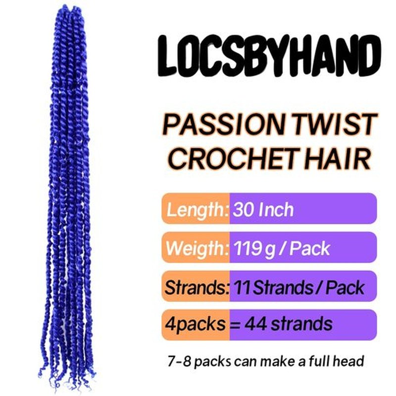LOCSBYHAND 30 Inch Long Pre-looped/twisted Passion Twist Crochet Hair 4 Packs for Mixed-color Using (4 Packs, Blue)