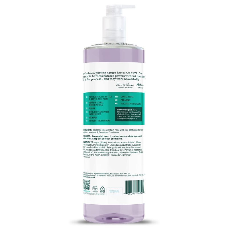 Natural Shampoo - Vegan & Cruelty-Free Lavender & Geranium | 33.8 fl oz Family Size