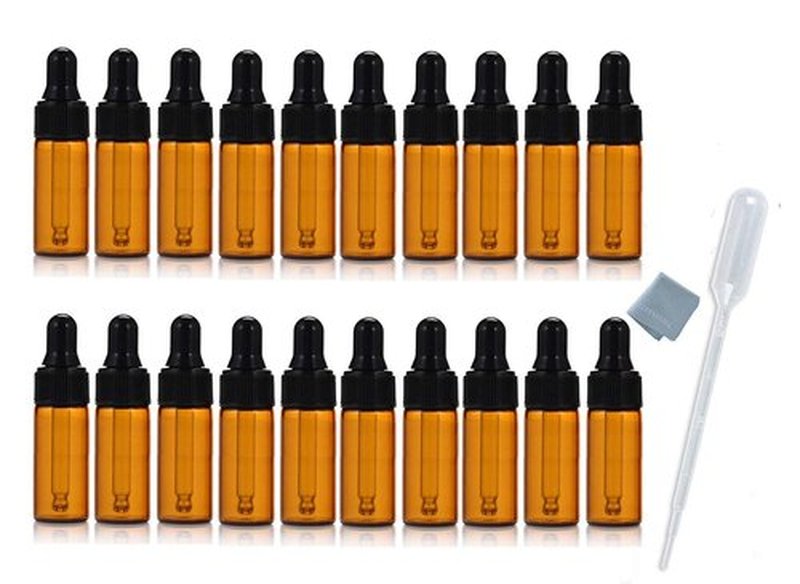 Elfenstall- 20pcs 5ml 1/6oz Amber Mini Glass Bottle Amber Sample Vial Small Essential Oil Bottle with Glass Eye Dropper + 1pc Glass Clean Cloth + 1pc 3ml Dropper