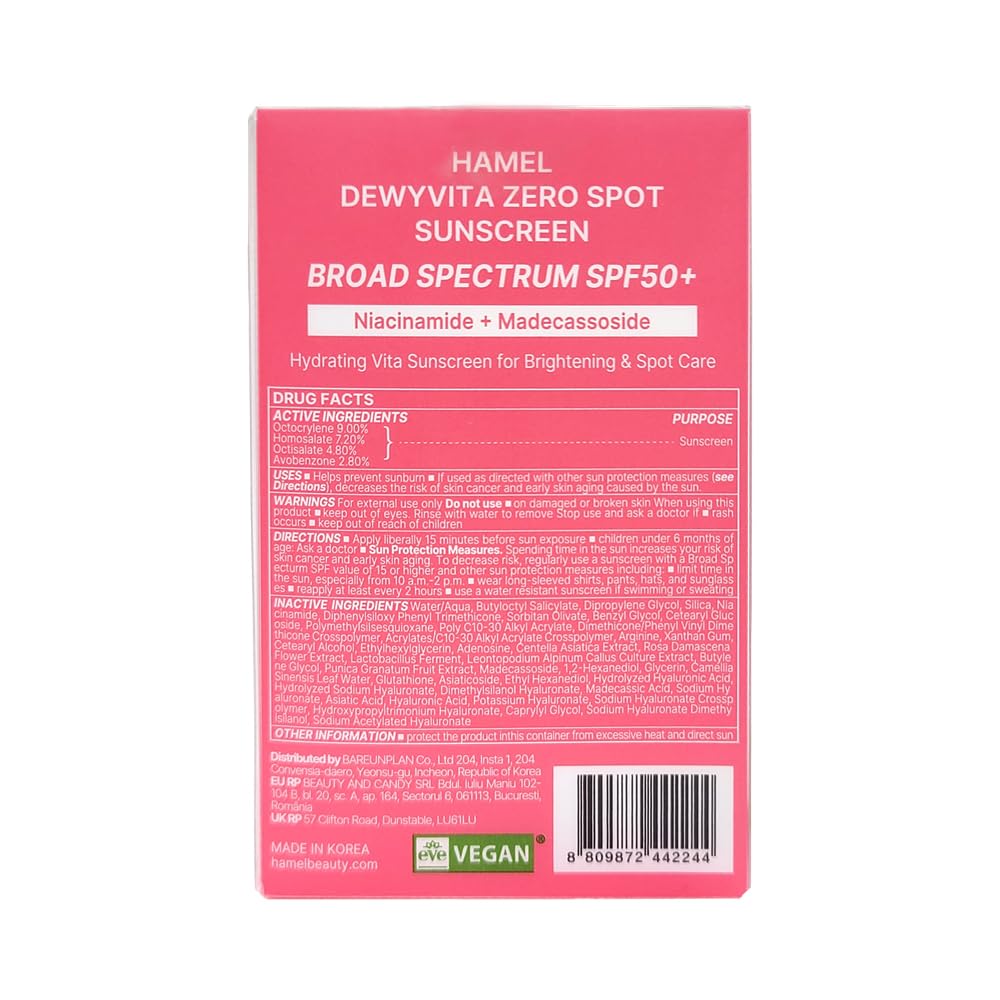 Hamel DewyVita Zero Spot Sunscreen SPF50+ PA++++, Vegan Sun Cream with Glutathione for Sensitive Skin , Korean Skincare, 1.69 fl oz