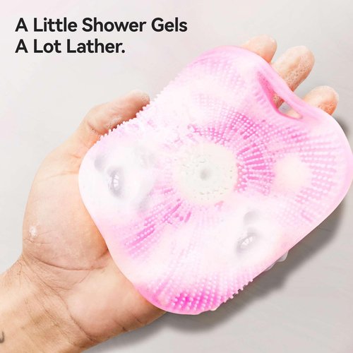 Silicone Body Scrubber for Men & Women, Friendly Shower Body Scrubber for Sensitive Skin, Silicone Loofah Body Scrubber for Showering with Richer Foam Bristles and Anti-Slippery Handle (2 Pack)