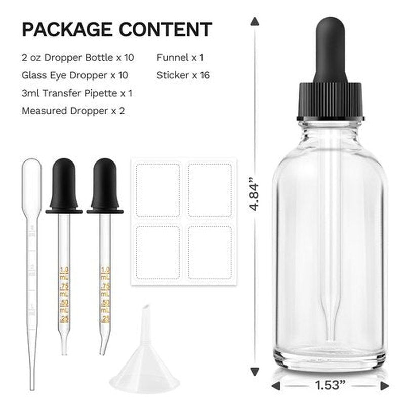 Dropper Bottle 2 oz, 10 Pack Glass Eye Dropper Bottles with Labels and Funnel, Tincture Bottle with Measured Dropper - Leakproof Essential Oils Bottles