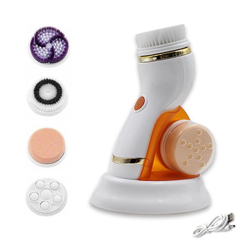 Facial Cleansing Brush, 4 in 1 Rechargeable Face Scrubber with 4 Brush Heads, Electric Face Scrubber for Women & Men, Deep Cleansing, Gentle Exfoliation and Massaging (Orange)