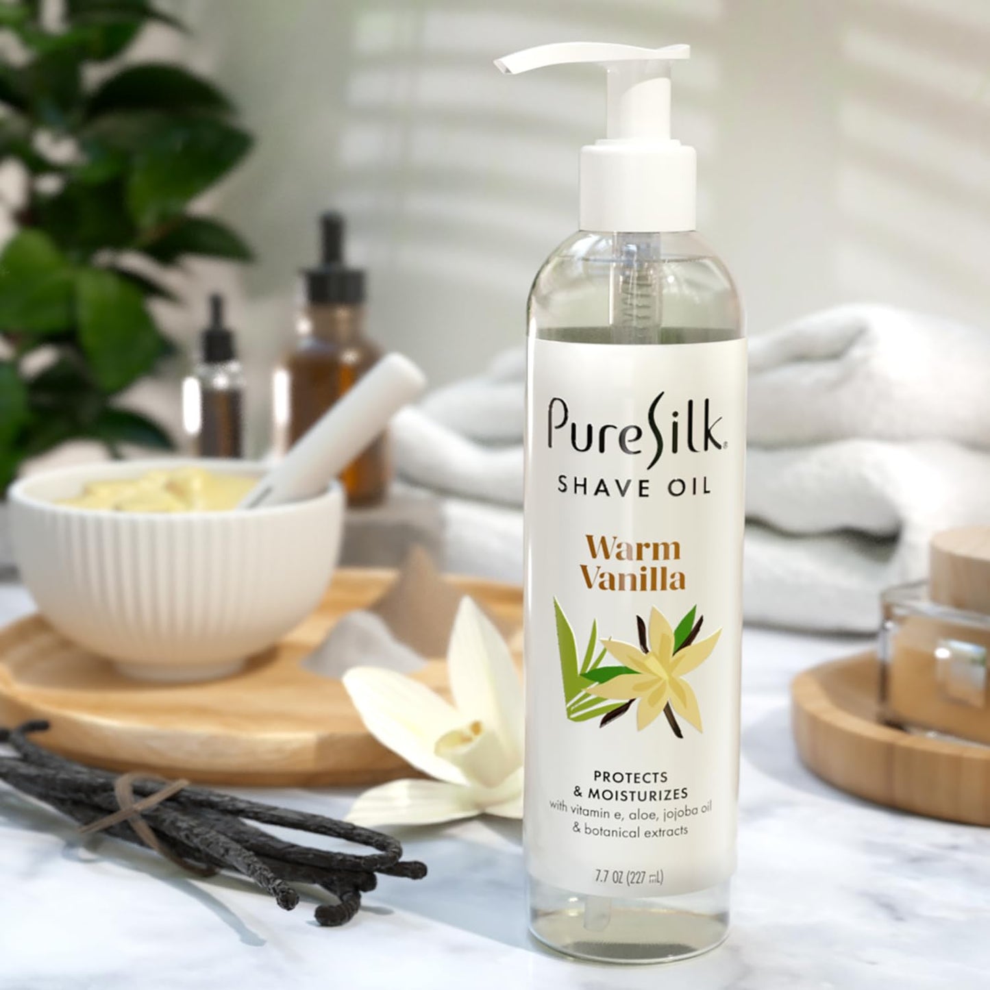 Pure Silk Warm Vanilla Shave Oil for Women | Shaving Oil for Smooth Shave, All Skin Types | Hydrating Vitamin E, Aloe, Botanical Extracts Protects & Moisturizes | 7.7 FL OZ (Pack of 1)