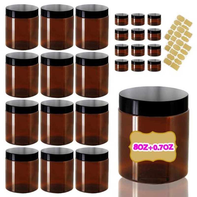 AMORIX 8oz Amber Plastic Jars with Lids 8 oz Plastic Containers with Lids + 20g Sample Containers (Set of 24) Airtight Container for Lip Scrub, Body Butters, Cream, Slime, Craft Storage
