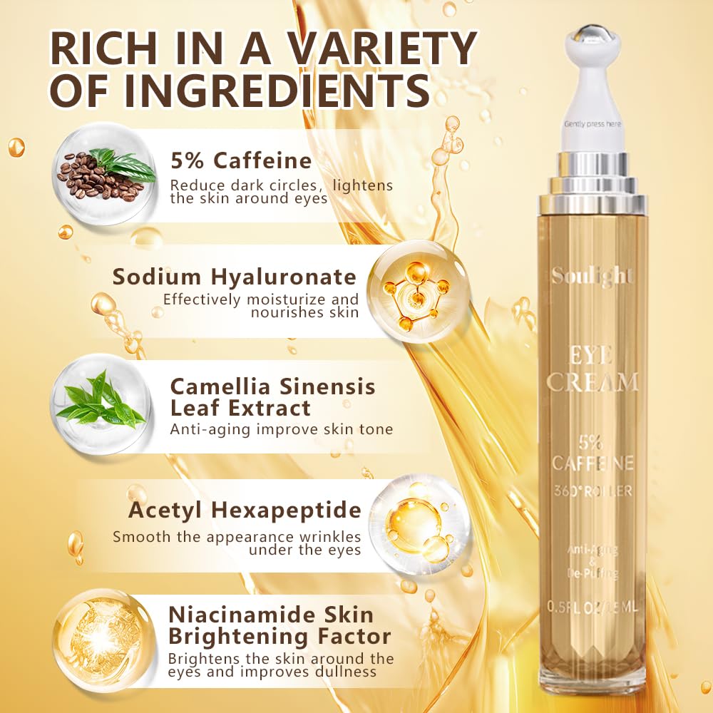 Soulight 5% Caffeine Eye Serum – Wrinkle Filler Instant Face Lift Serum for Eyes – Whitening and whitening agents – Eye Moisturizer with Hyaluronic Acid, Niacinamide