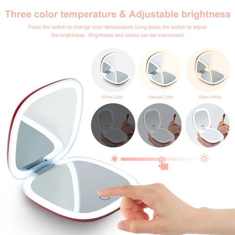 Mocado Compact LED Travel Makeup Mirror - 4 Inches 1X/10X Magnification Travel Mirror with Light Dimmable Double Sides Lighted USB Rechargeable Compact Mirror for Purse,Pocket,Travel(Wine Red)