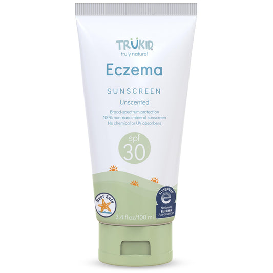TruKid Eczema Mineral Sunscreen SPF 30 - All Natural Kids & Baby Sunscreen for Face & Body, Zinc Oxide Broad Spectrum Protection for Delicate Skin, Unscented, FSA Eligible, Travel Size 3.4oz