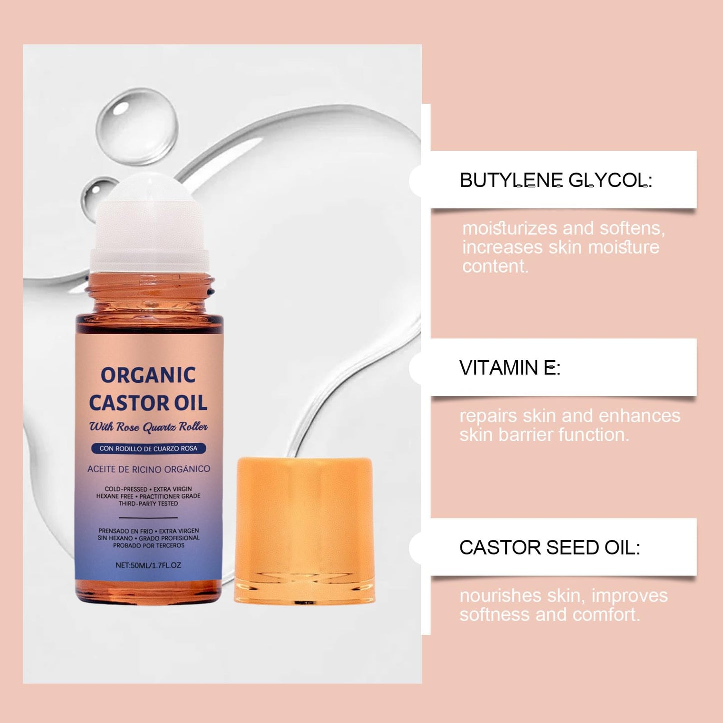 FLEXQW castor oil rose quartz roller ball,100% Pure Cold-Pressed, Organic Castor Oil Roll On Rose Quartz, Hexane-Free,Amber Glass Bottle for Skin 1.7oz(3)