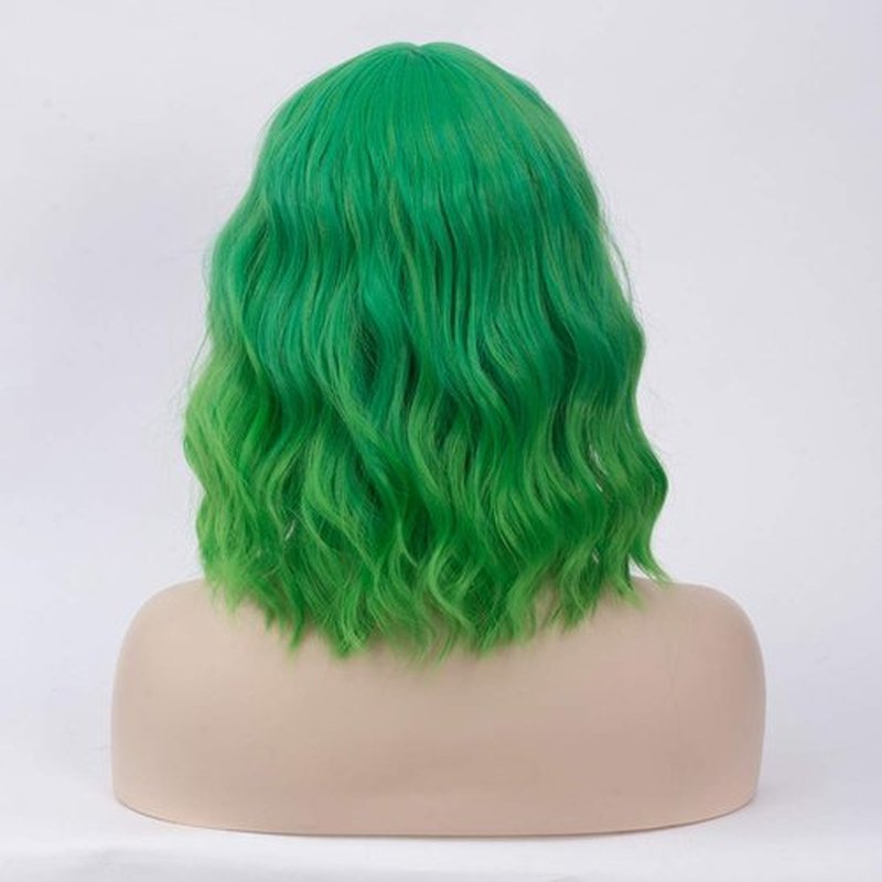 BUFASHION 14" Women Short Wavy Curly Wig Ombre Green Bob Wig Cosplay Halloween Synthetic Wigs Neat Bang Wig With Free Wig Cap (Ombre Green)