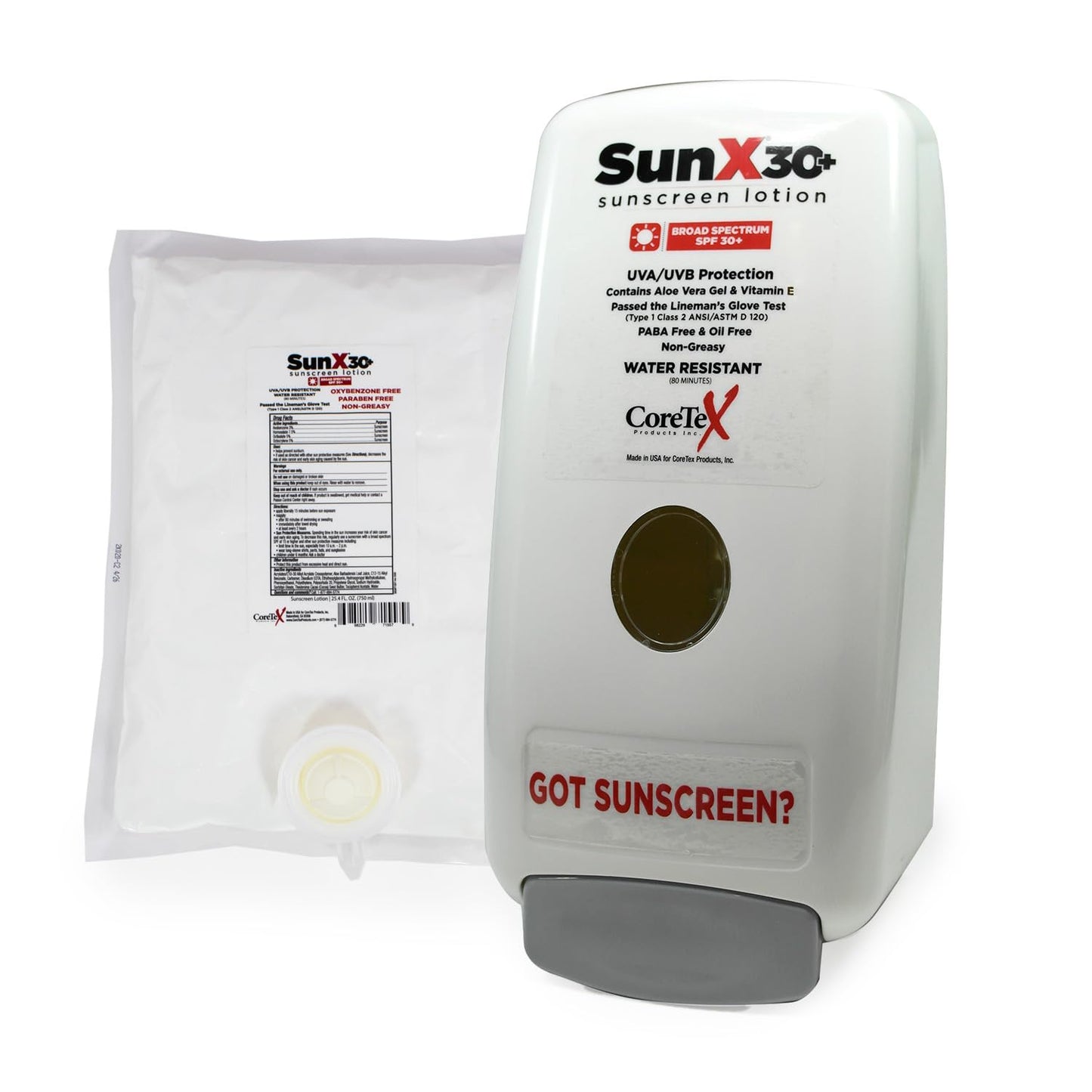CoreTex Sun X 30+ 750mL Sunscreen Lotion Bladder & Wall Mount Dispenser - Paraben, Oxybenzone, Octinoxate, & Oil Free - Broad Spectrum (UVA/UVB) Sunscreen - Water Resistant Up to 80 Minutes
