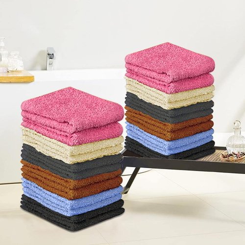 QUBA LINEN 100% Cotton - Wash Cloth Set - Pack of 24, Flannel Face Cloths, Highly Absorbent and Soft Feel Fingertip Towels (Multi Color, 12x12 Pack of 24)
