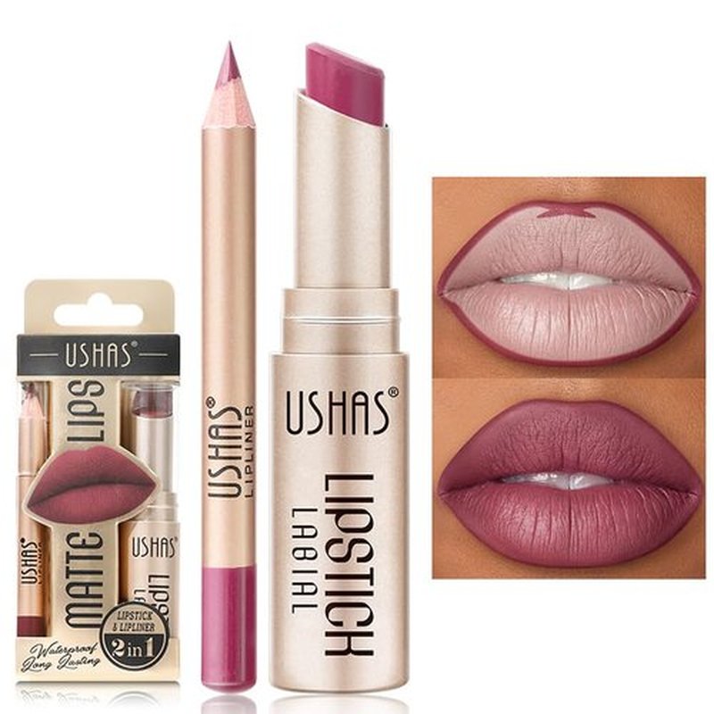 USHAS Lipstick and Lip Liner Combo Set 2 in 1 Waterproof Lipstick for Women Lip liner Set Long Lasting Lipstick, Matte Lipstick Pen with Lip Liner Set Makeup Kits (G3, Pack of 1)