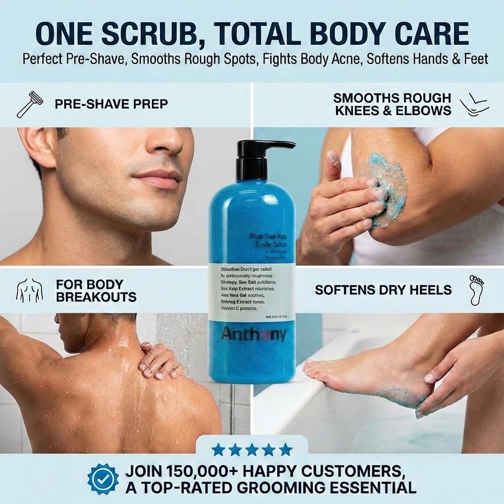 Anthony Exfoliating Body Scrub, Body Exfoliator Scrub with Sea Salt, Vitamin C, Aloe Vera and Blue Sea Kelp, Exfoliating Scrub for Men, Smooth Hydrated Skin, 32 Fl Oz