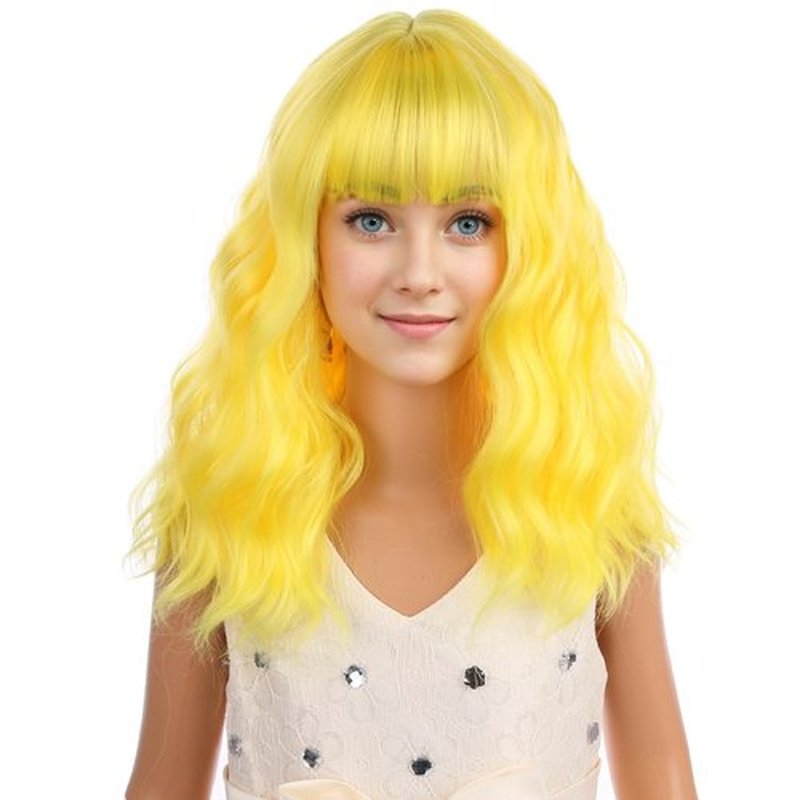 PATTNIUM Yellow Wig Kids Child Wig Short Wavy Curly Yellow Wig with Bangs for Kids Yellow Wig Synthetic Girls Wig Cosplay Halloween Party Costume Wig