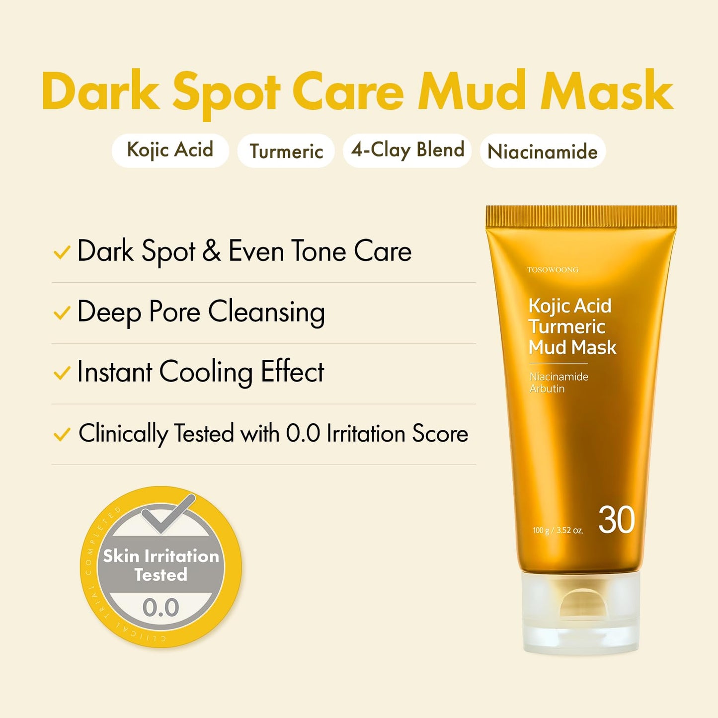 TOSOWOONG Kojic Acid Turmeric Mud Mask, Dark Spot & Blackhead Cleanser with Vitamin C, Niacinamide, Arbutin, Pore Cleaner, Clear Skin, Cooling Quick Dry Formula Face mask, Korean Skincare,100g/3.52oz.