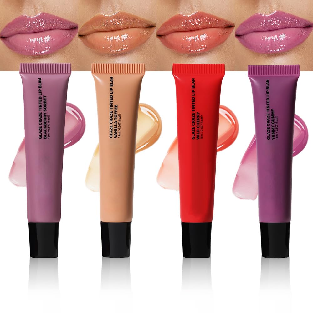 HHLTOH 4Pcs Summer Lip Butter Lip Balm Glow Reviver Lip Gloss, Melting Lip Serum, Ultra-Hydrating Natural Vegan Lip Balm, Sheer-Tinted Shine & Hydration, Soothes & Softens Dry Lips (01+02+04+05)