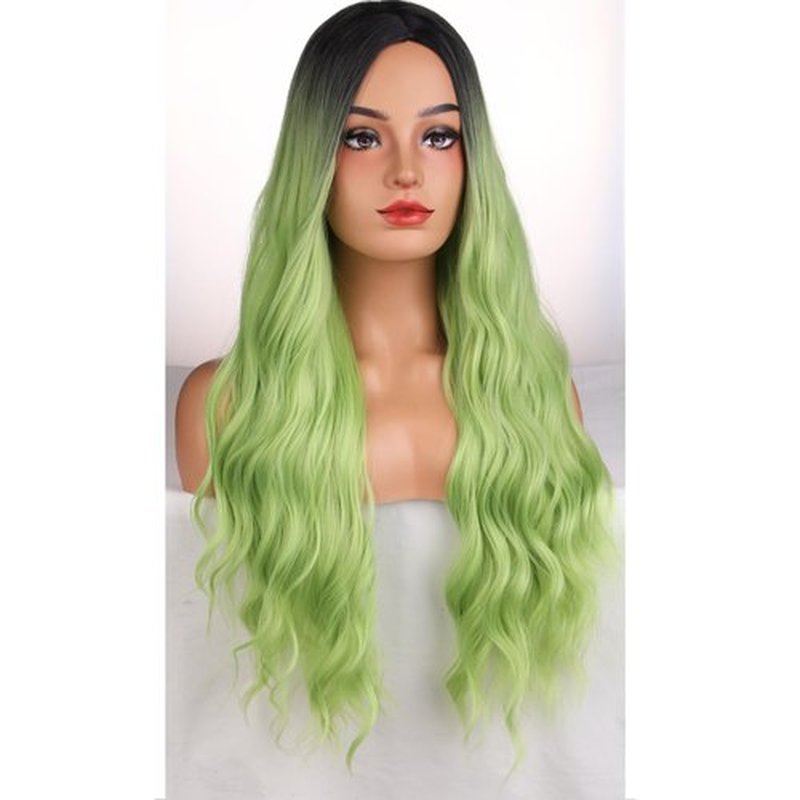 MAGQOO Matcha Green Wig for Women Girls Dark Roots Green Wig Long Curly Wavy Black Green Wigs Middle Part St Patrick Day Wig Synthetic Heat Resistant Halloween Cosplay Costume Party Daily Use