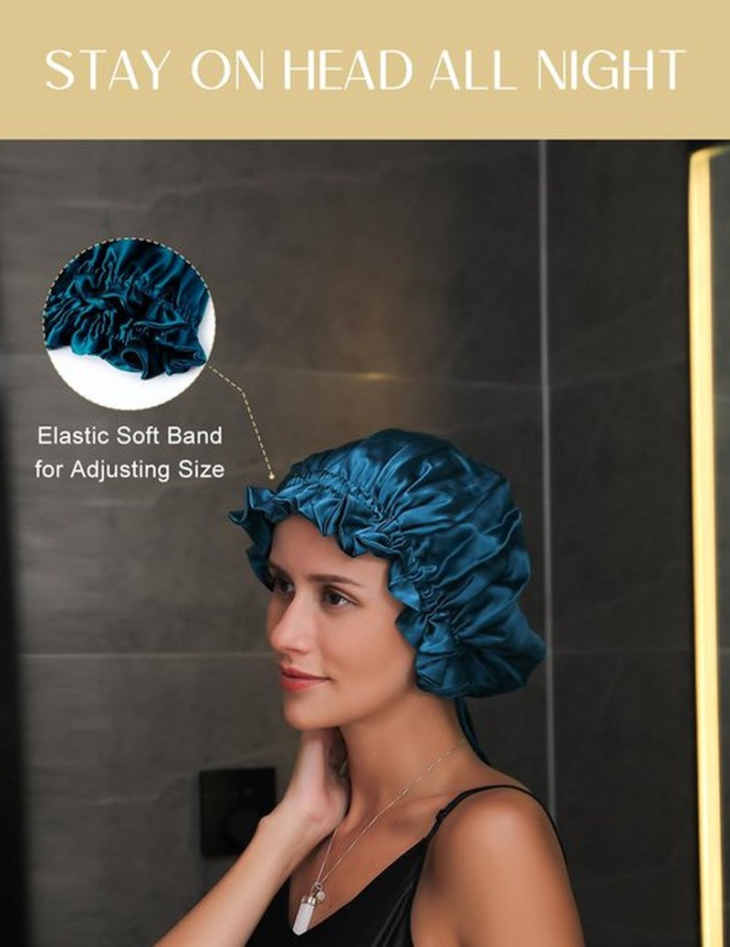 ZIMASILK 100% Mulberry Silk Bonnet for Women Hair Care, Double-Layer Silk, Natural Silk Hair Wrap for Sleeping with Elastic Stay On Head (1Pc, BPeacock Blue)