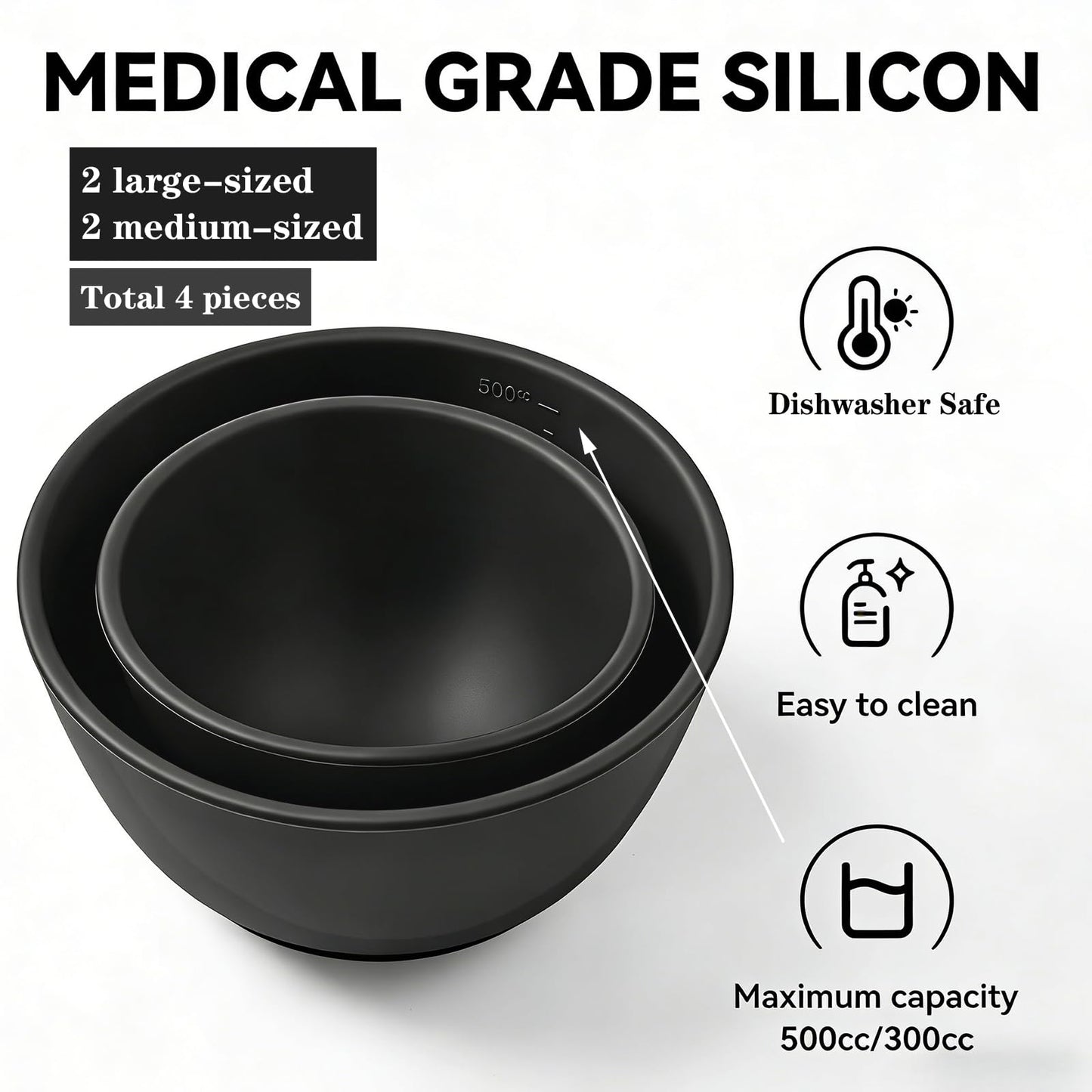 Bigwinyep 4Pcs Silicone Mixing Bowl DIY Hair Color Mixing Bowls for Home Salon Spa Face Skin Applicator Bowl, Black