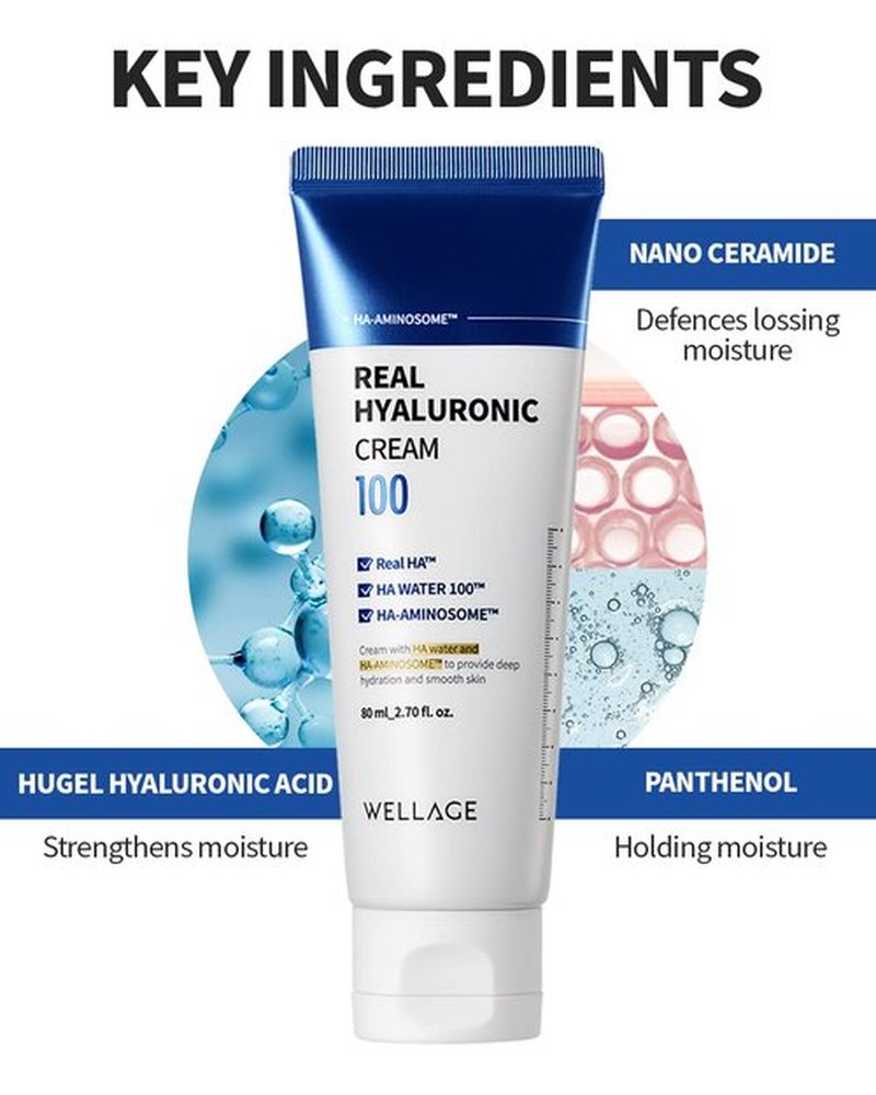 wellage Real Hyaluronic Cream 100-100% Pure Hyaluronic Acid Face Moisturizer - Powerful Moisturizing & Firming for Dry Skin - Lightweight Gel Cream, 1.69oz.