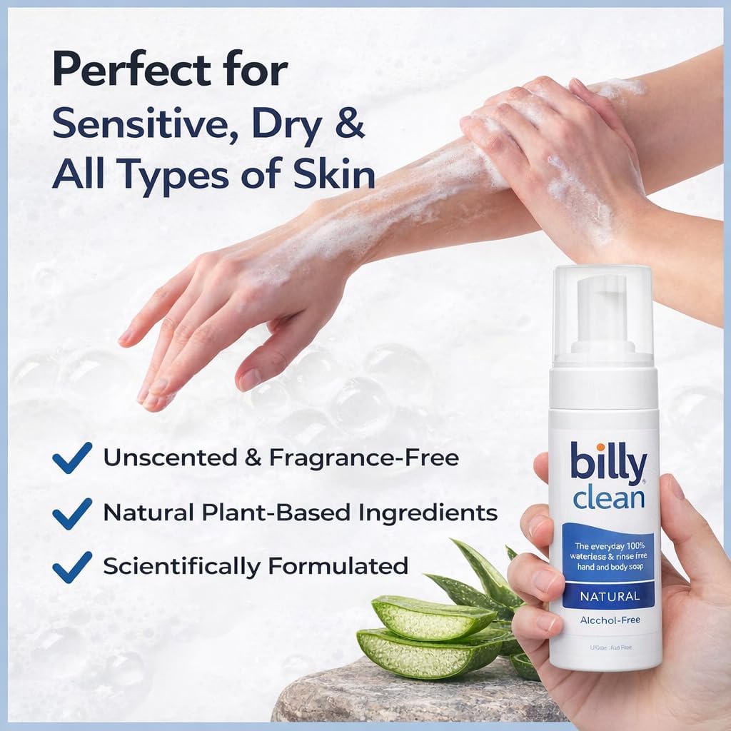 Billy Clean | Natural | No Rinse Foaming Cleanser Body Wash Sensitive Skin – Unscented - Plant based - Antibacterial - Rinse free - For Moms, Kids, Elderly, Baby Safe, Hospital care, Camping, Travel