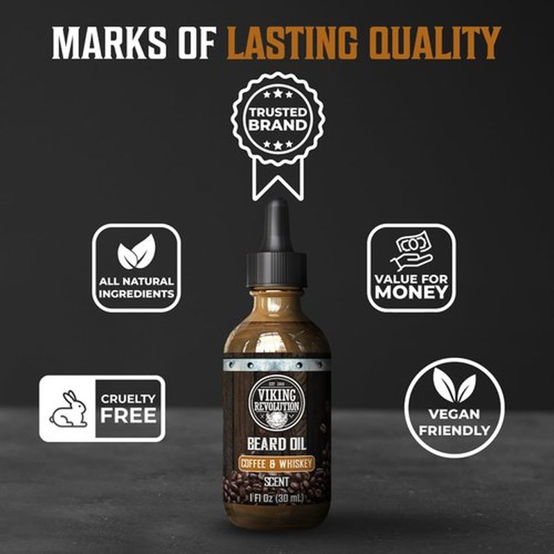 Viking Revolution Coffee Whiskey Beard Oil for Men -Natural Mens Beard Oil with Argan Oil and Jojoba Oil -Beard Softener,Strengthens and Moisturizes- Beard Conditioner for Men(Coffee Whiskey, 1 Pack)