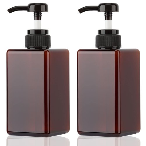 450ml (15.2oz) Pump Bottle Dispenser Jansburg 2Pack Refillable Square Plastic Lotion Dispenser Empty Lotion Pump Bottle for Essential Oil Soap Lotion Shampoo, Bathroom/Kitchen/Travel Amber