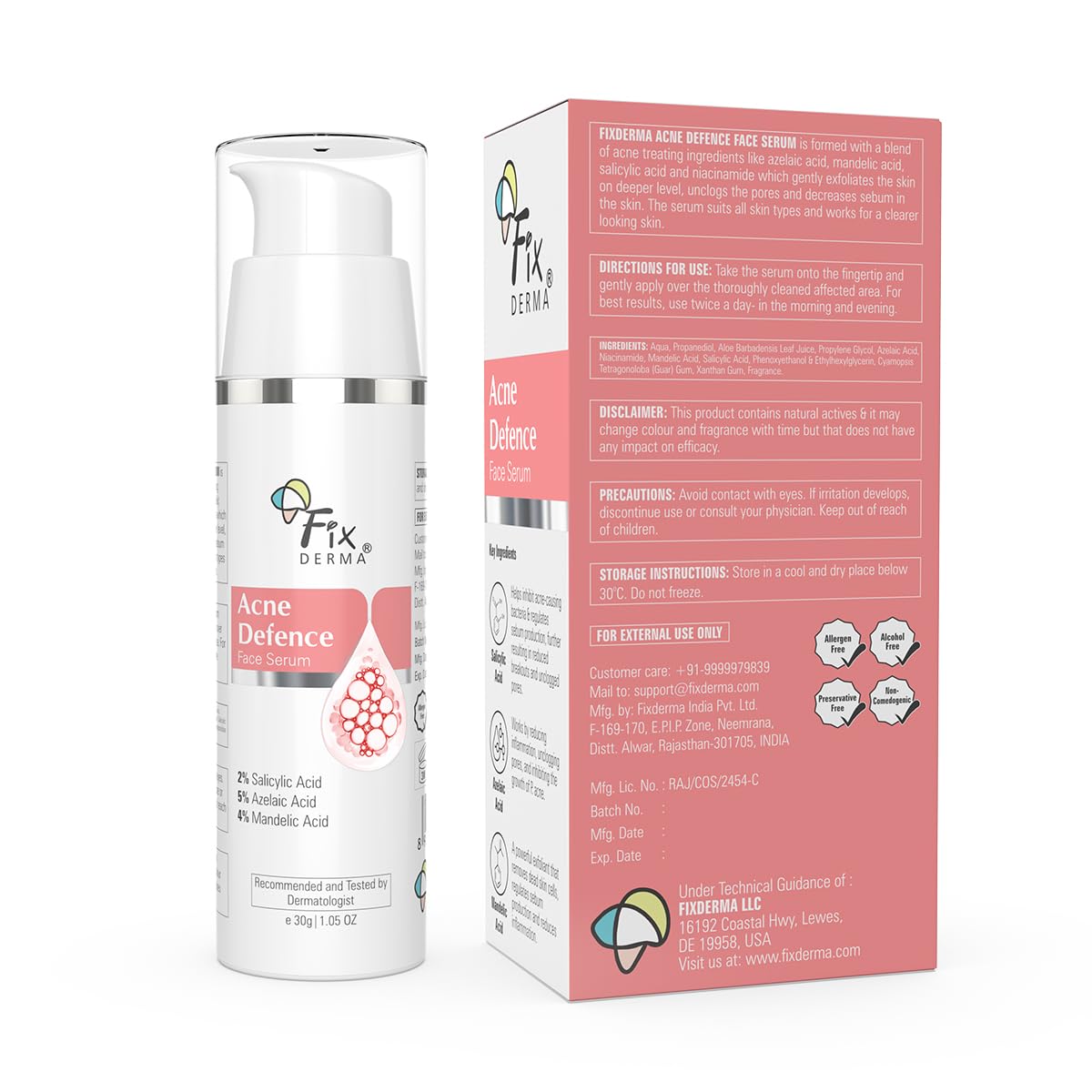 Fixderma 2% Salicylic Acid Serum for Anti Acne & Spot Treatment with 5% Azelaic Acid & 4% Mandelic Acid | Anti Acne Face Serum for Men & Women | For Oily Skin - 30g