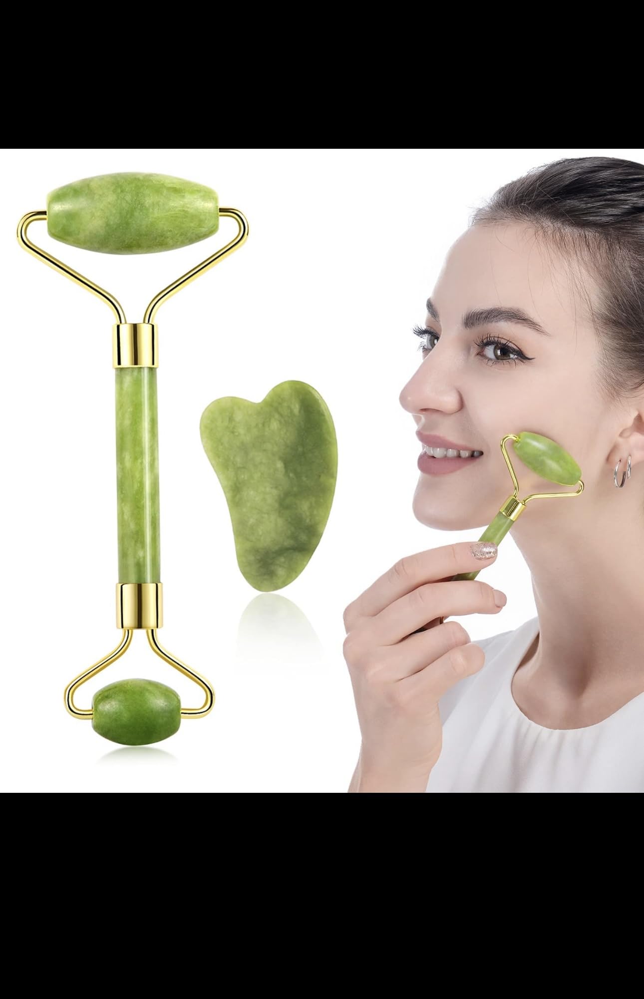 Jade Roller and Gua Sha Set, Natural Green Stone Facial Massage Tools with Gold Accents, 2-Piece Beauty Kit