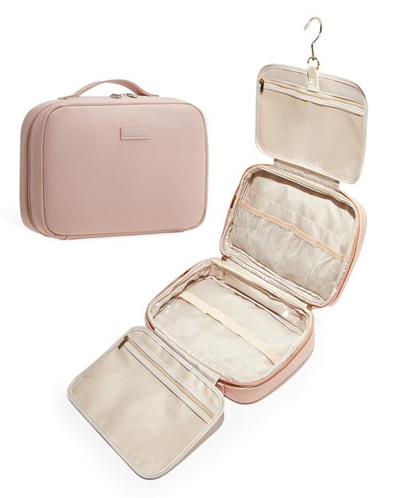 EACHY Travel Toiletry Bag with Hanging Hook, Portable Makeup Cosmetic Bags for Women, Water-Resistant Full-Size Travel Accessories (Pink)
