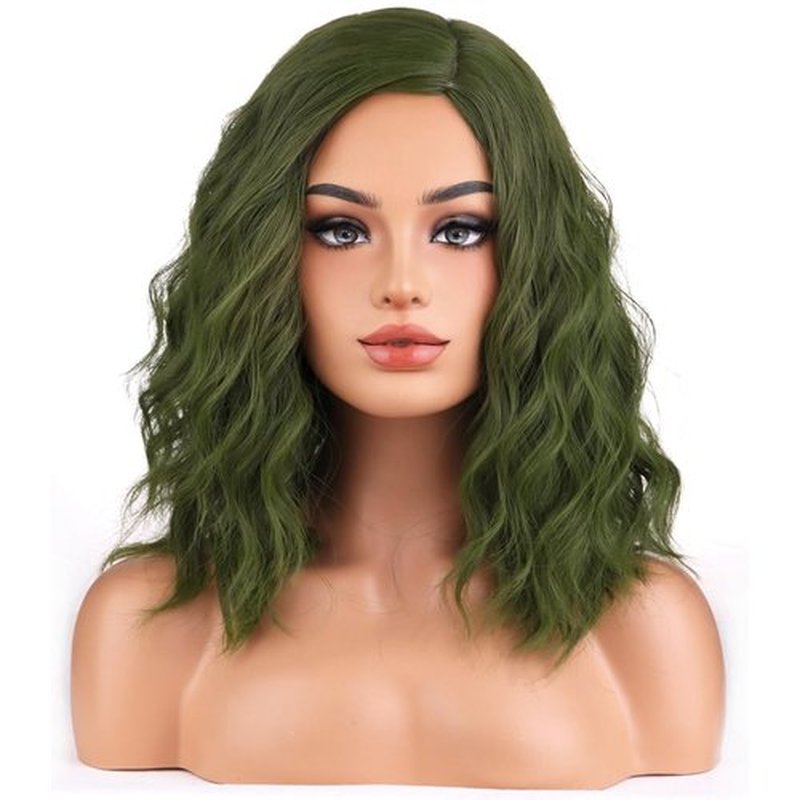 BERON Green Wigs for Women Short Curly Bob Wavy Wig Girls Olive Color Body 14'' Heat Resistant Synthetic Hair Wig Cosplay Daily Party Wigs