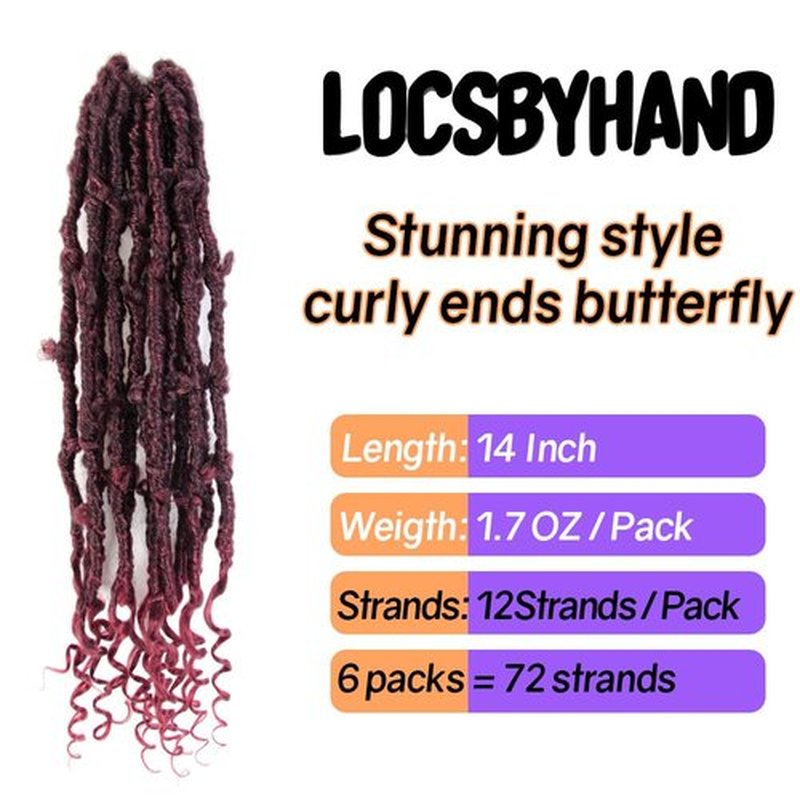Crochet Butterfly Locs with Curly Ends 14 Inch, Boho Distressed Butterfly Locs Crochet Hair, Ombre Burgundy Bohemian Goddess Faux Butterfly Braids with Curly Ends (6 Packs, T118#)