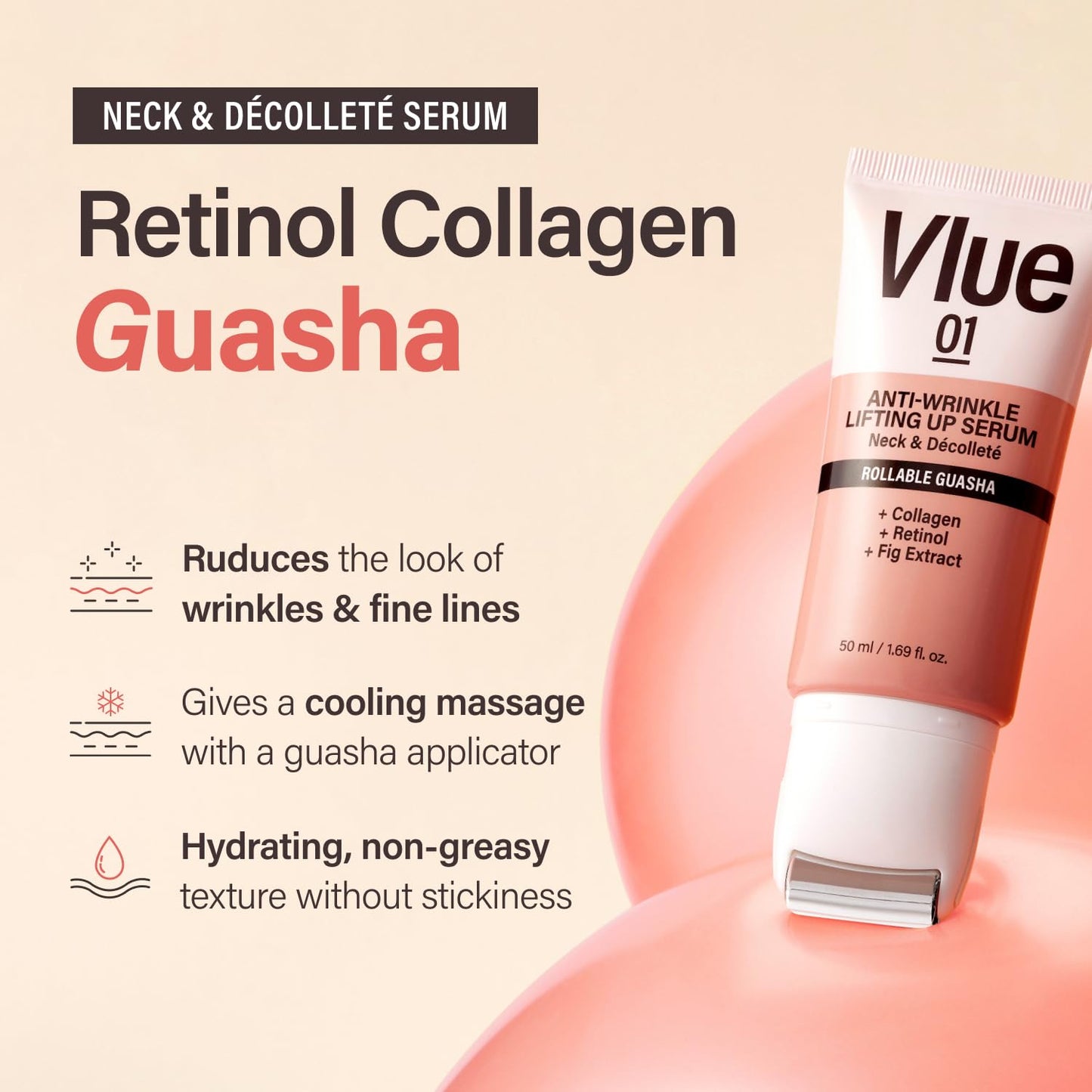 VLUE Retinol Guasha Neck Firming Cream - Anti-Aging Collagen & Fig Extract Moisturizer for Wrinkles & Sagging Skin, Hydrating & Lifting Neck & Décolleté Serum, Korean Skincare, 1.69 fl. oz.
